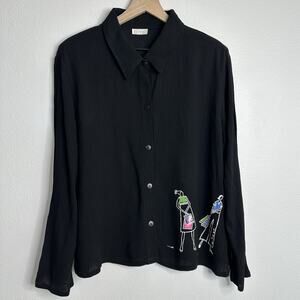 Vintage 90s Sz L Black Button Up with Painted Shopping Ladies by Cité Artsy